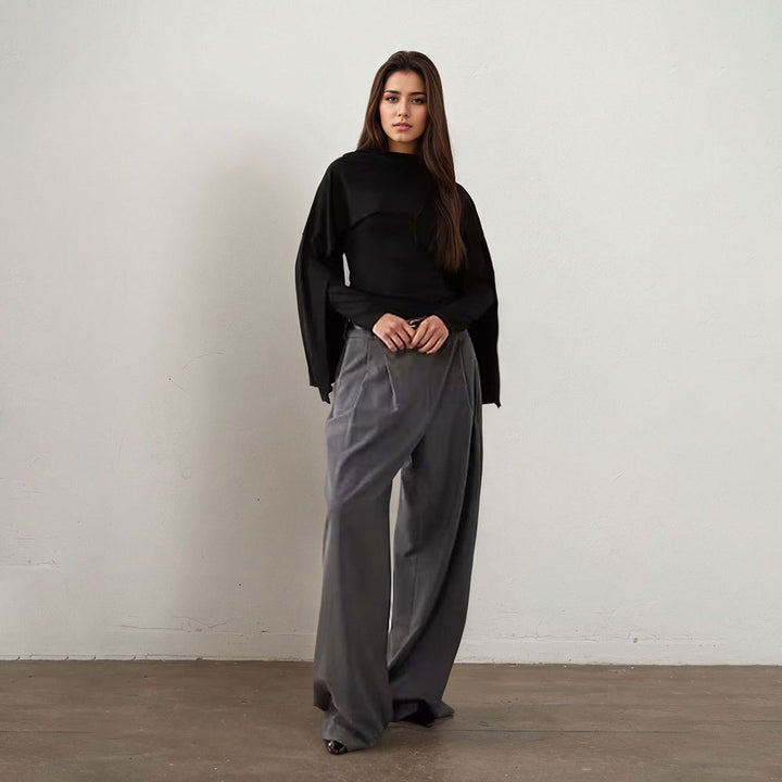 Damen asymmetrisches Cape-Longsleeve mit hohem Kragen und fließendem Overlay – Avérine
