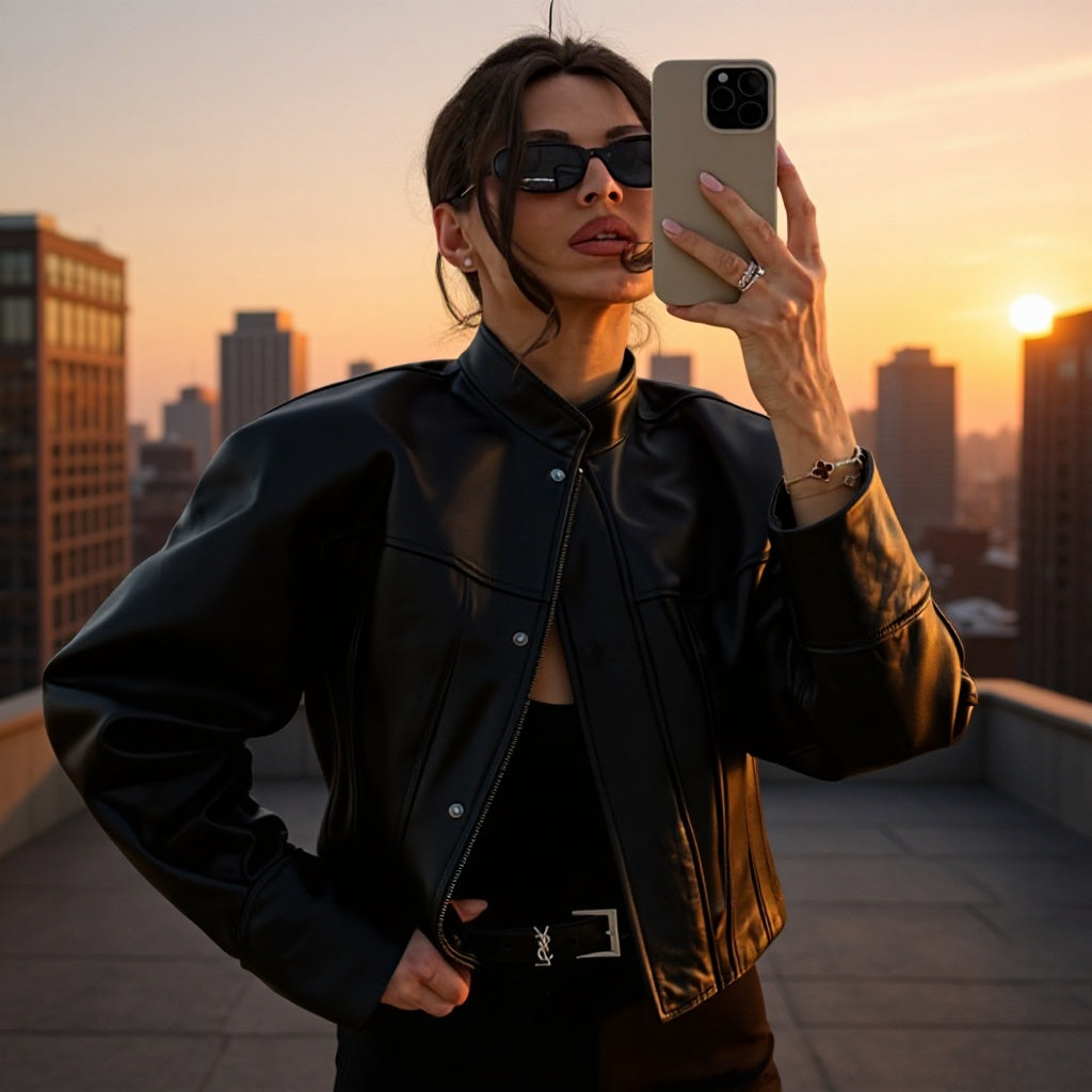 Damen Kurzjacke aus veganem Glattleder mit markanten Schulterpuffern und verdeckter Druckknopfleiste Echo Archiv
