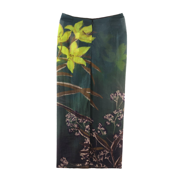 Damen fließender Maxirock mit Drapierung am Bund und floralem Aquarellprint – Valéora