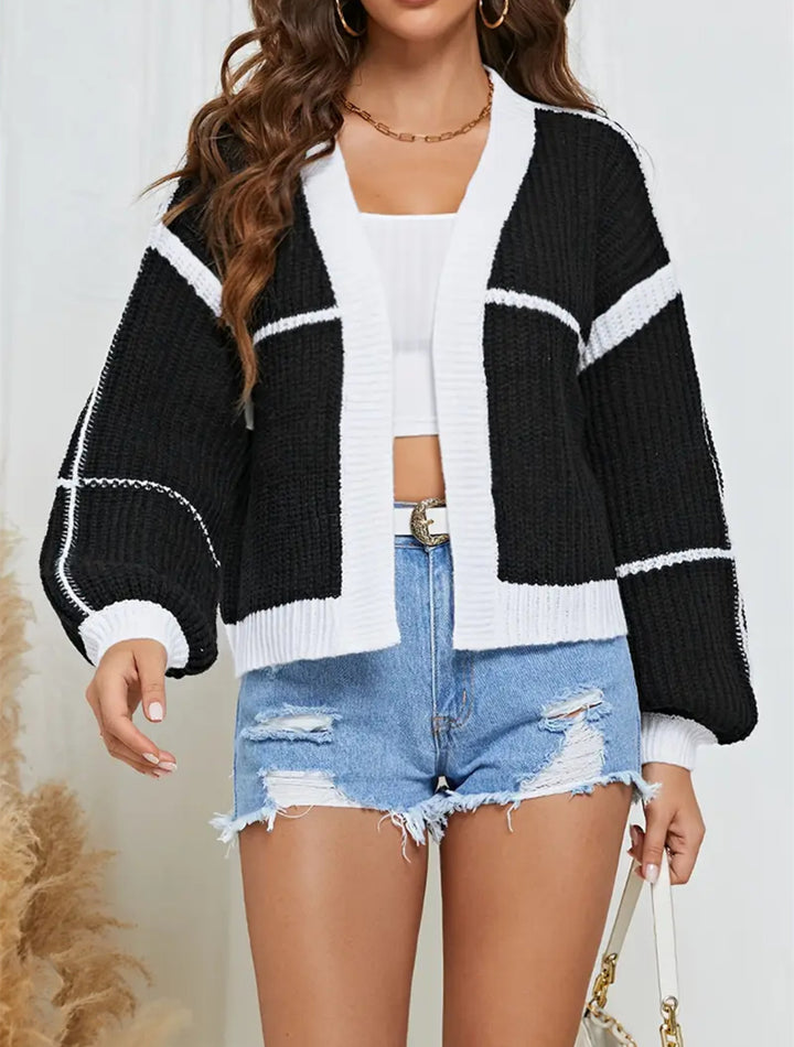 Damen Cropped Offene Strickjacke mit Boxy‑Silhouette und Ballonärmeln – Veloura