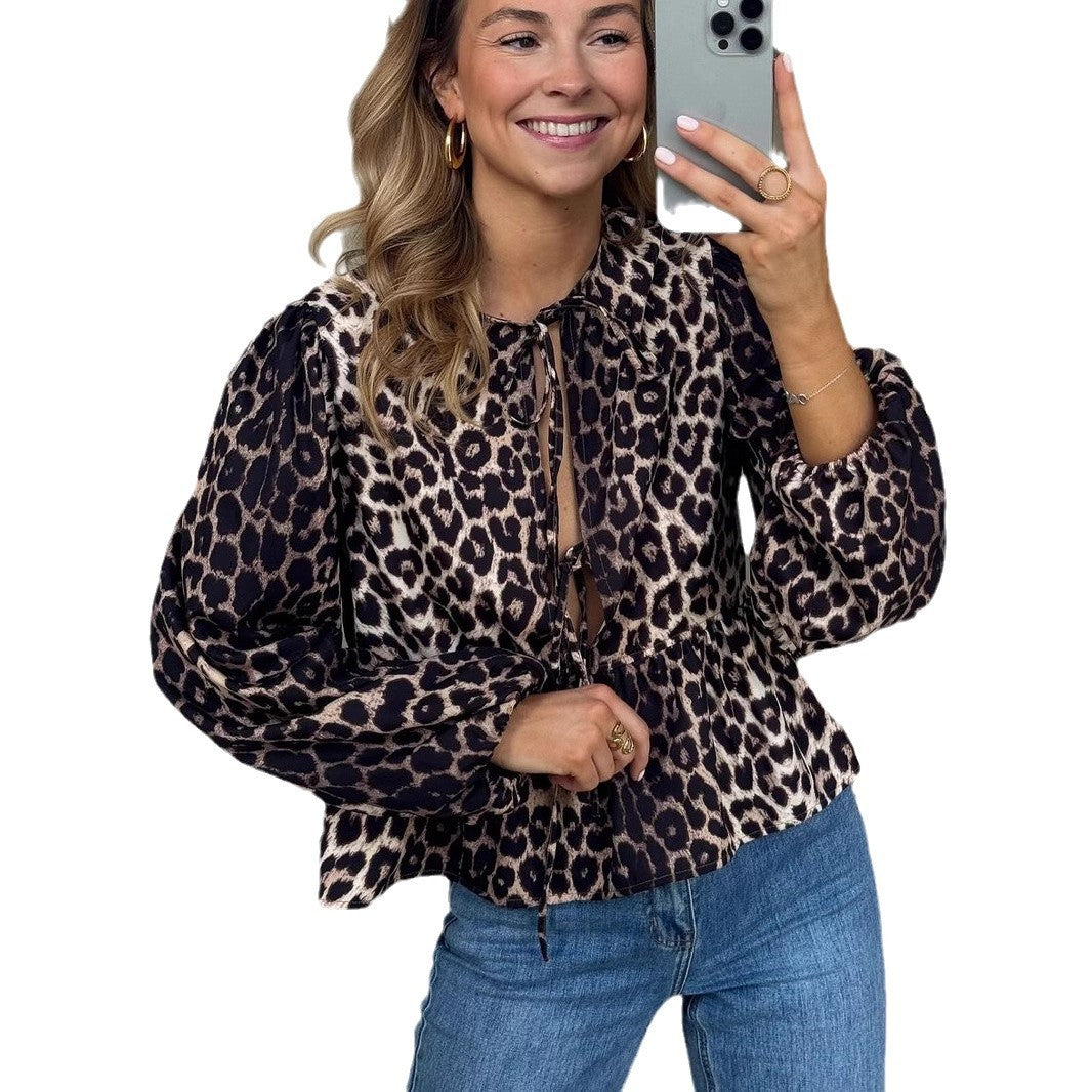 Damen Bluse mit Leopardenprint, Bindebändern und Ballonärmeln – Avérine