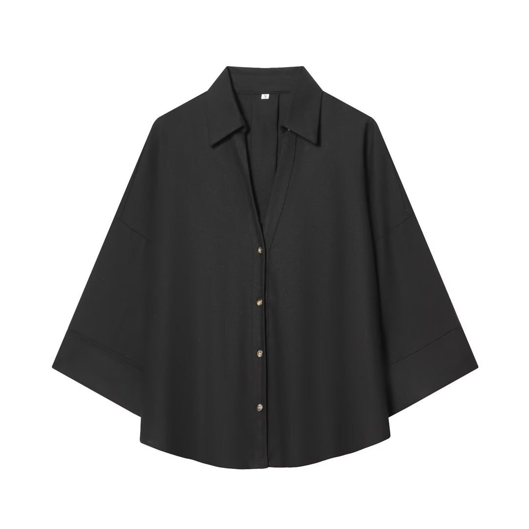 Damen nan lockere oversized Hemdbluse mit weitem Kragen und Dreiviertelärmeln Echo Archiv