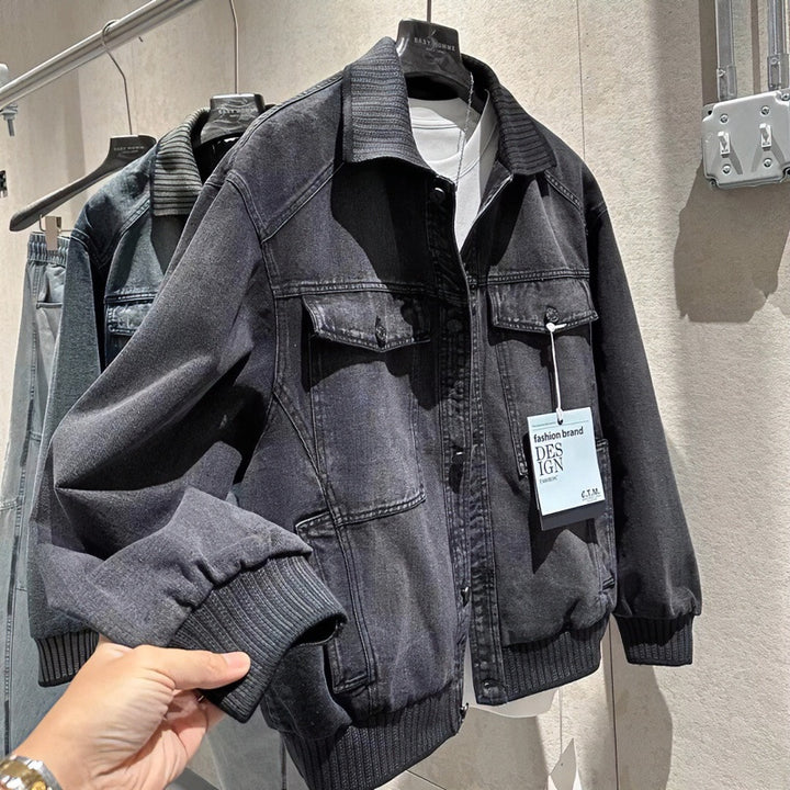 Herren Weitgeschnittene Jeansjacke mit geripptem Kontrastkragen und Vintage-Waschung Echoarchiv