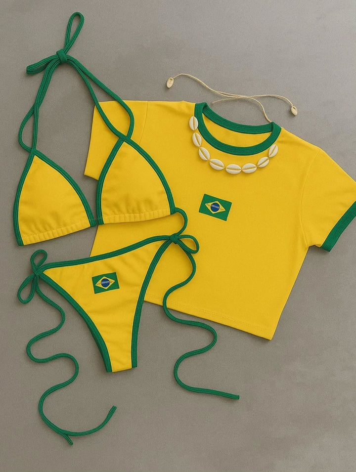 Damen Bikini-Set mit sportlichem Crop-Top und trendigem Brasilien-Flaggen-Design Echo Archiv