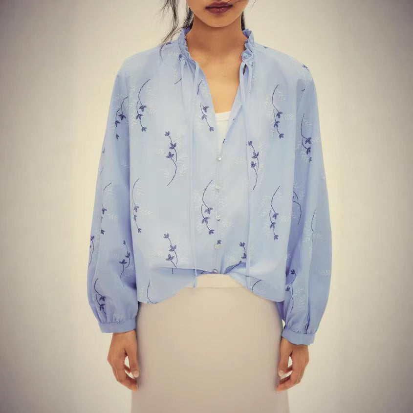 Damen Bestickte Bluse mit Rüschenkragen, Bindeband und weiten Ballonärmeln Echoarchiv
