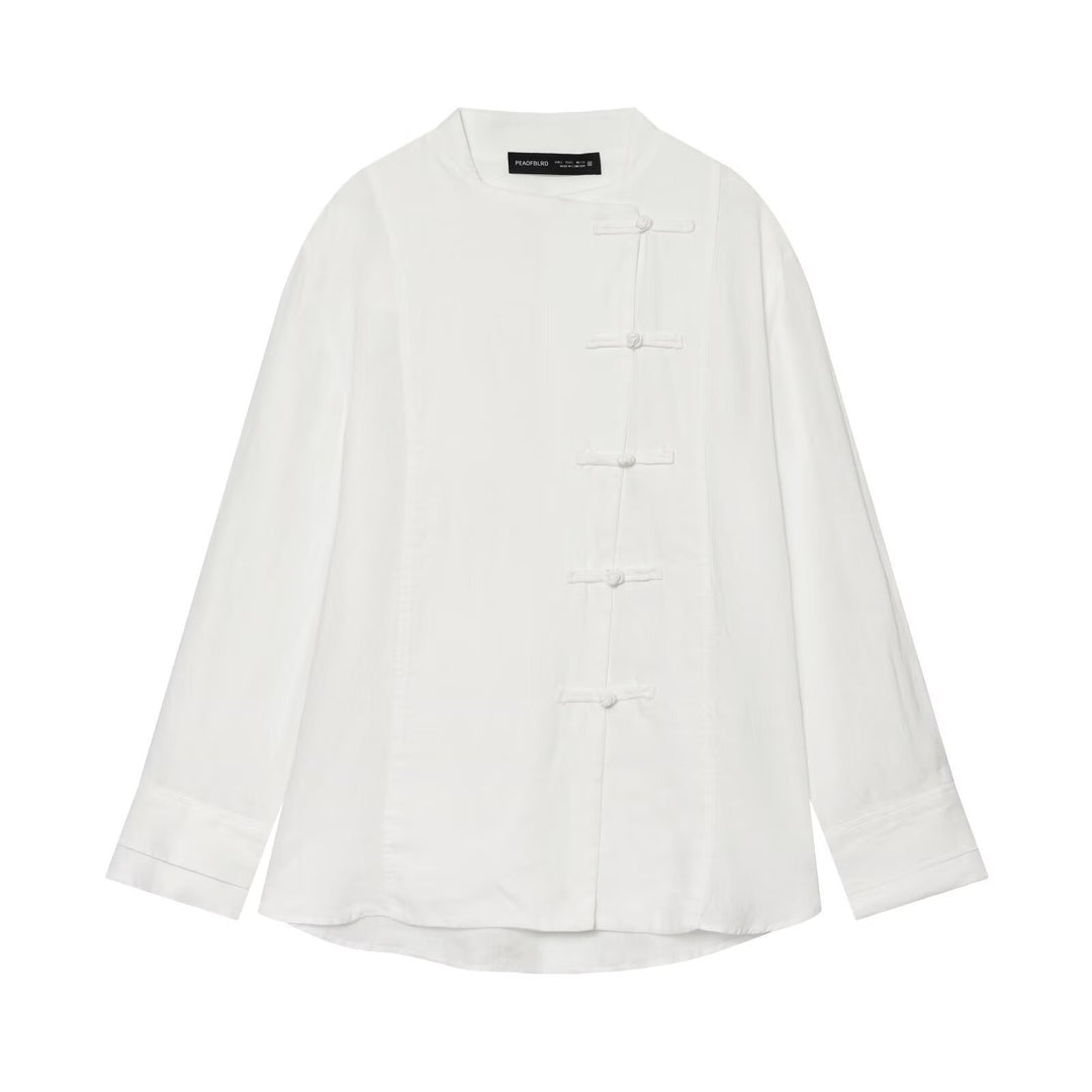 Damen Oversize Leinenbluse mit Stehkragen und chinesischen Knotenknöpfen Echo Archiv
