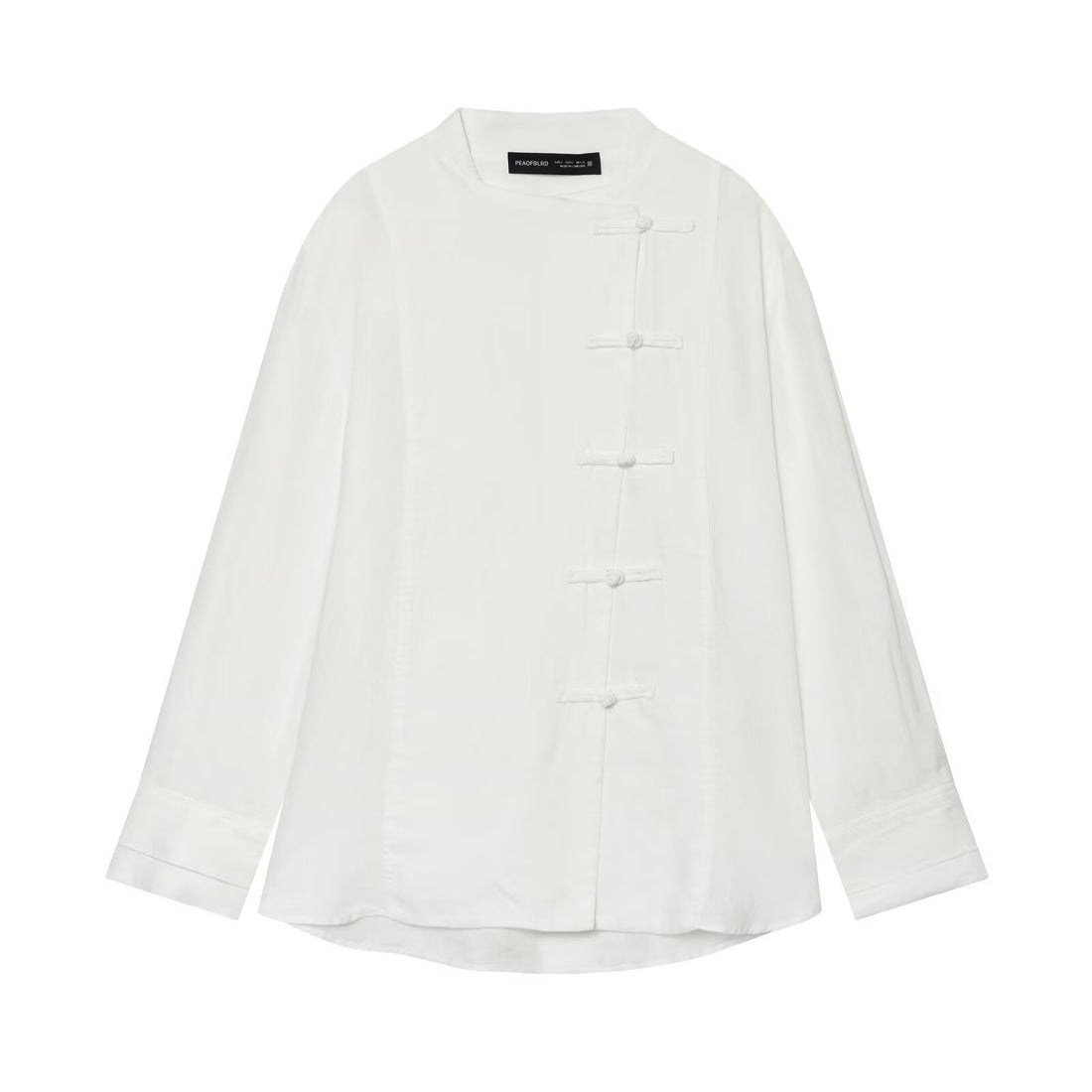 Damen Oversize Leinenbluse mit Stehkragen und chinesischen Knotenknöpfen Echo Archiv