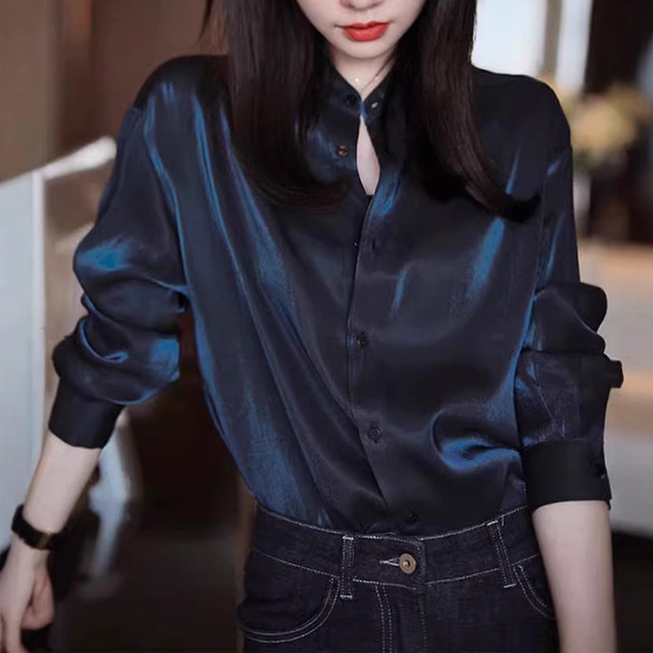 Damen Elegante satinierte Bluse mit Stehkragen Echoarchiv