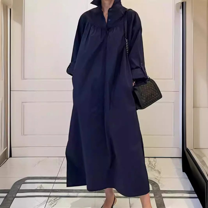 Damen Maxikleid im Oversize-Hemdstil mit Stehkragen, Schulterpasse und Eingrifftaschen Echoarchiv