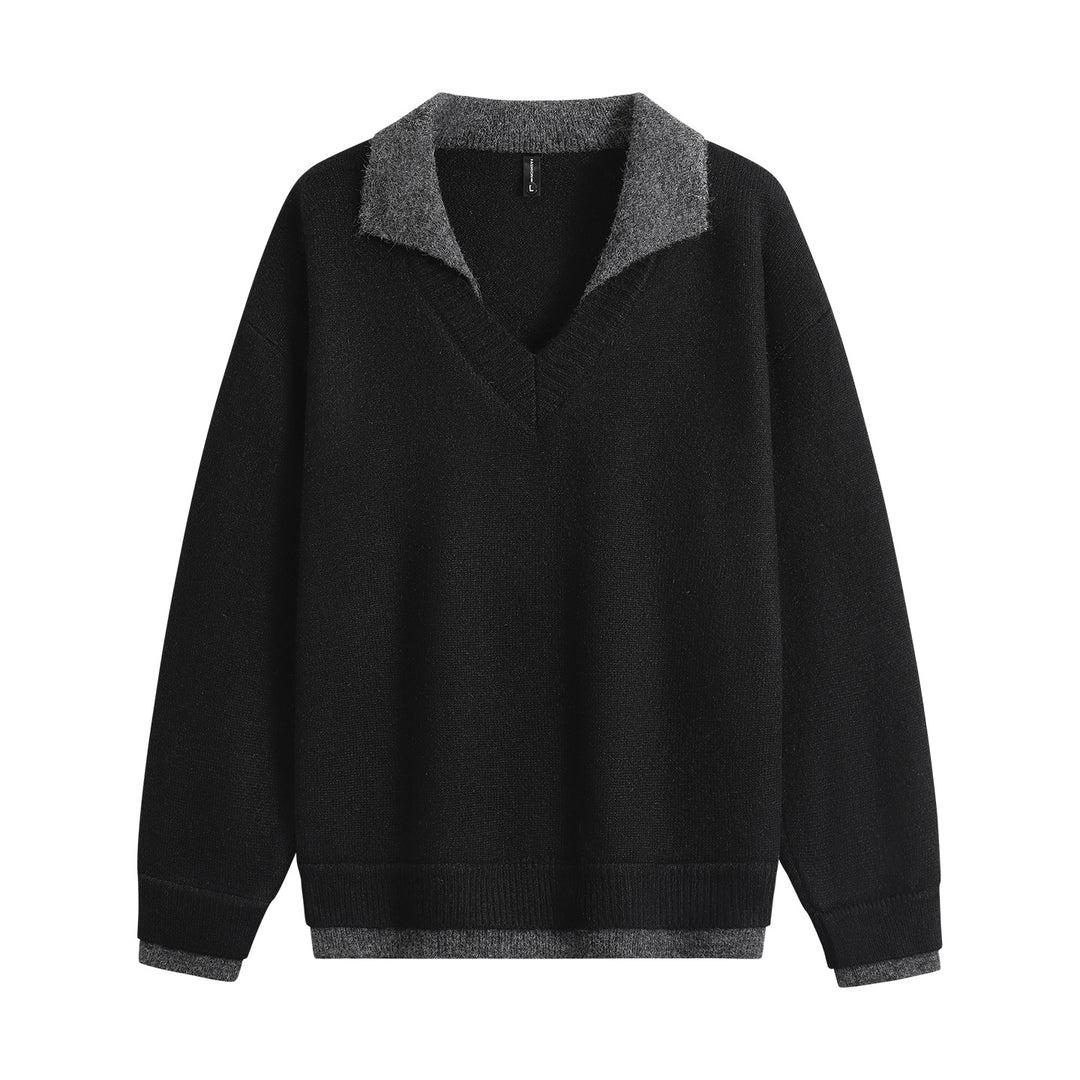 Herren Oversize-Pullover mit kontrastierendem Kragen, V‑Ausschnitt und weichem Fleeceinnenfutter Echoarchiv