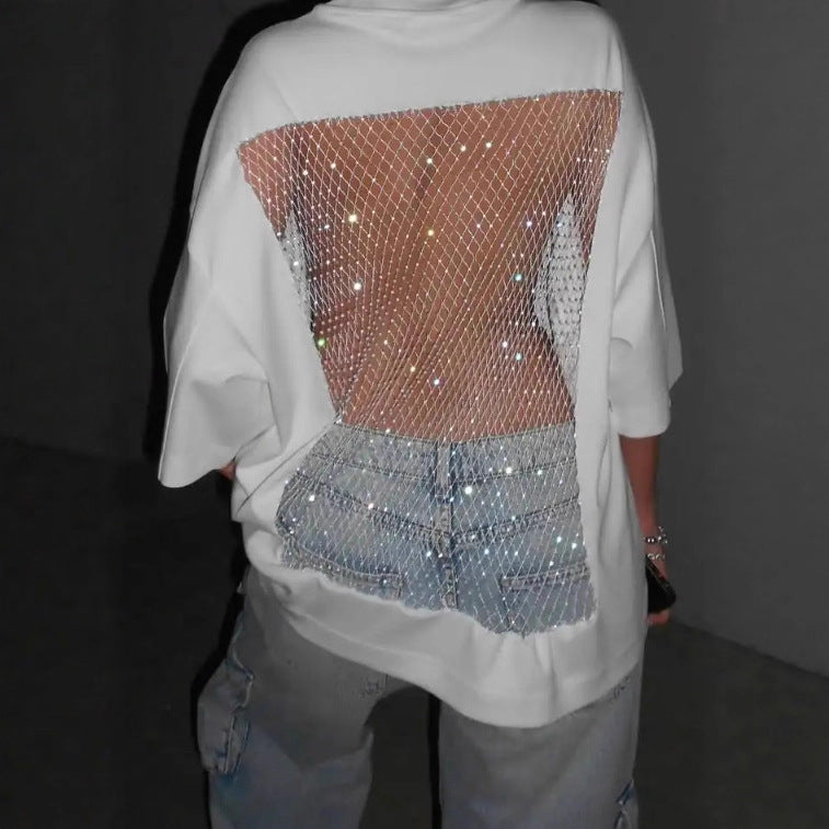 Damen nan Oversize-T-Shirt mit transparentem Netzrücken, Strassbesatz und Jeans-Print Echo Archiv
