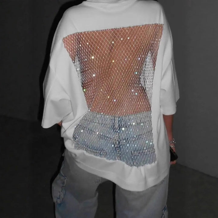 Damen nan Oversize-T-Shirt mit transparentem Netzrücken, Strassbesatz und Jeans-Print Echo Archiv