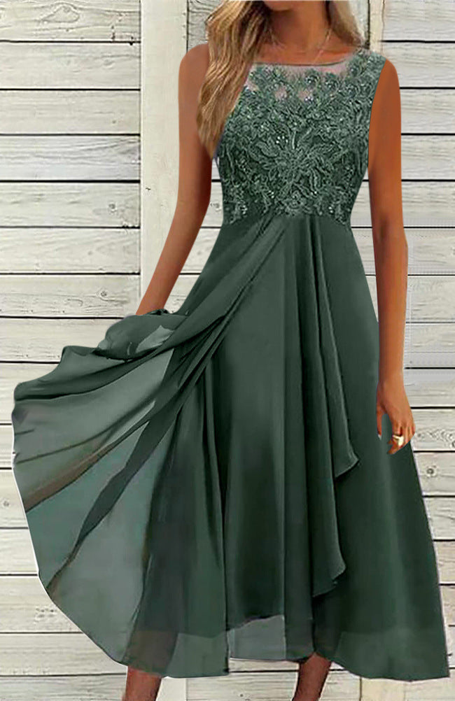 Damen nan ärmelloses Chiffon-Midikleid mit bestickter Illusionsspitze, Schiff-Ausschnitt und mehrlagigem Schwingrock Echoarchiv