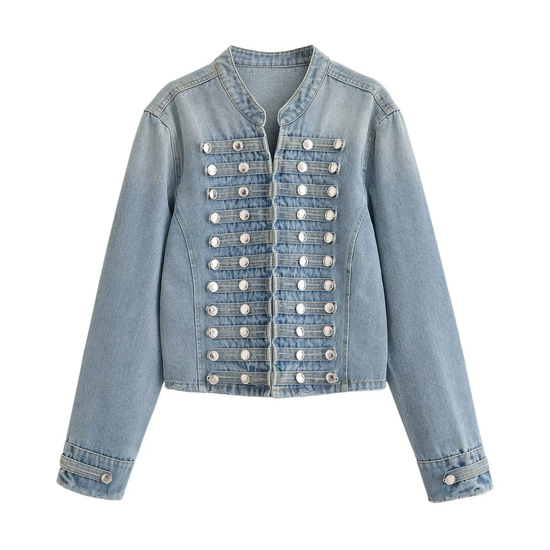 Damen Kurze Jeansjacke mit militärischer Paspelierung und dekorativen Metallknöpfen Echo Archiv