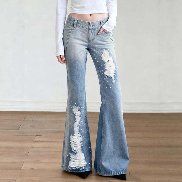 Damen Weite Schlagjeans mit hoher Taille, ausgefransten Rissen und Perlenapplikation Echo Archiv