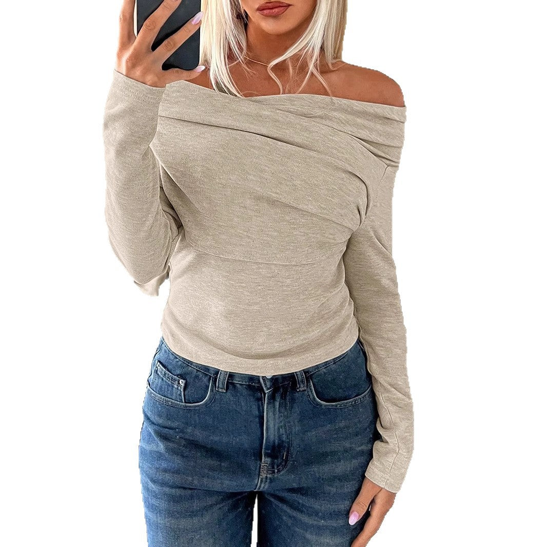 Damen Weiches Off-Shoulder Langarmshirt mit Wasserfallkragen und leichtem Stretch – Avérine