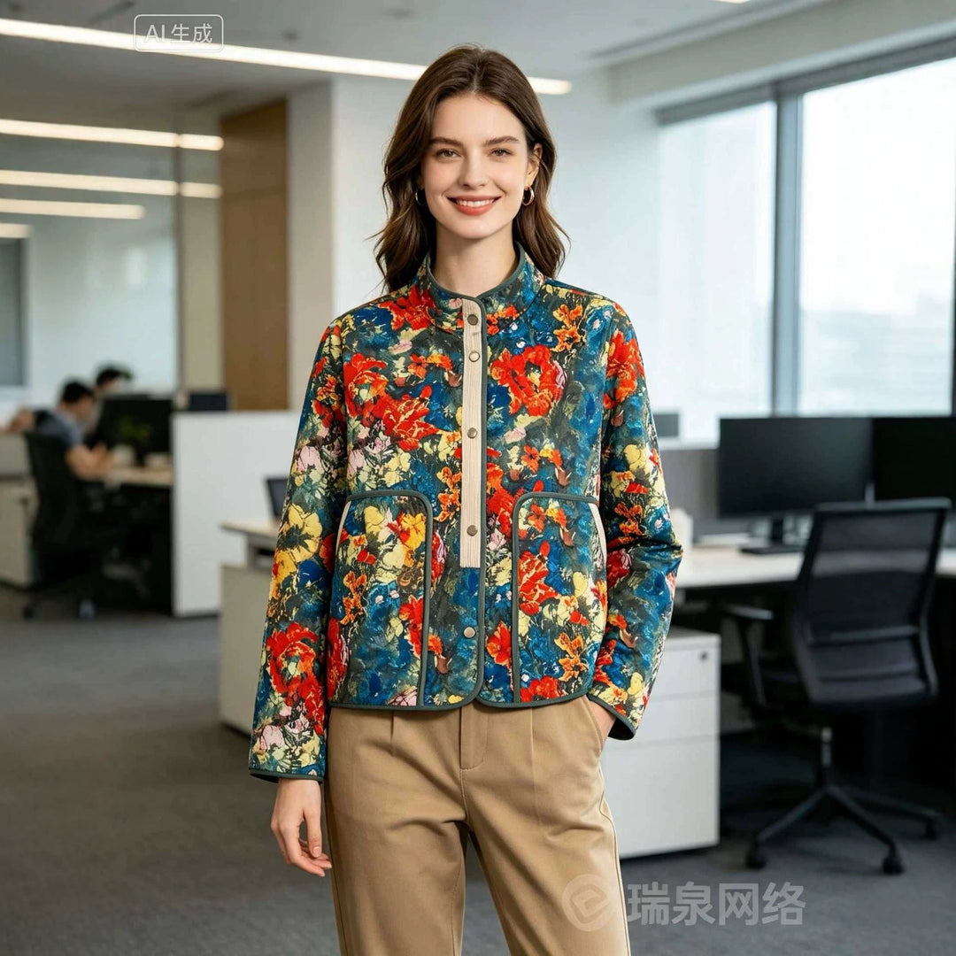Damen Gepolsterte Steppjacke mit floralem Print, Stehkragen und Pattentaschen Echoarchiv