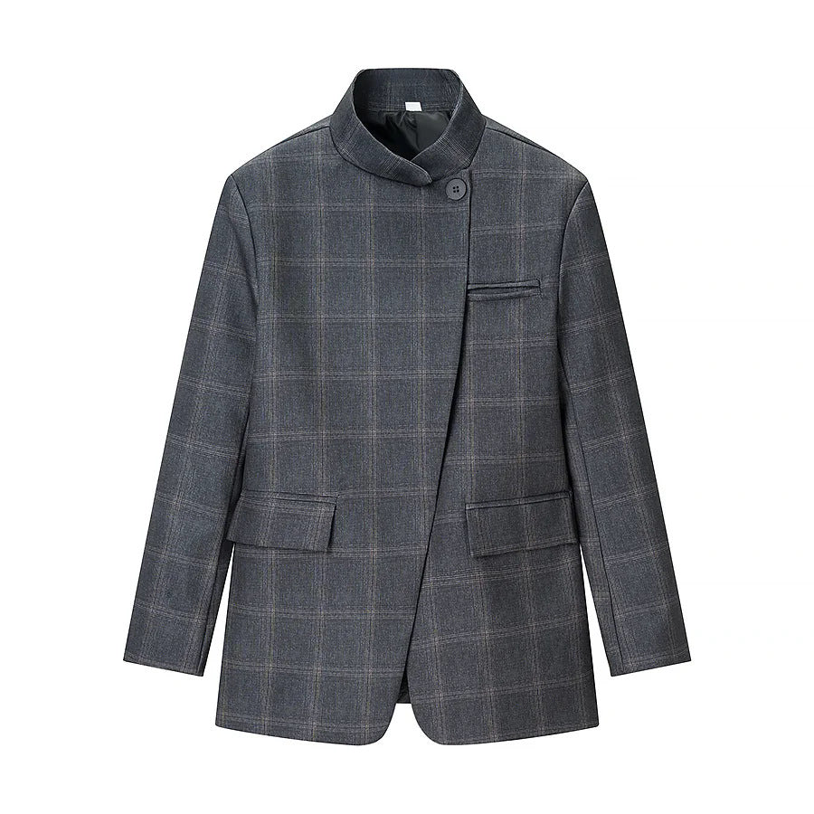 Herren asymmetrischer Stehkragenblazer mit Glencheckmuster, verdeckter Überlappungsfront und Pattentaschen – Tianoro