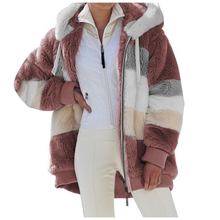 Damen nan oversized Kapuzenjacke aus Kunstfell mit Colourblock-Design, Zweiwege-Reißverschluss und Rippbündchen Echo Archiv