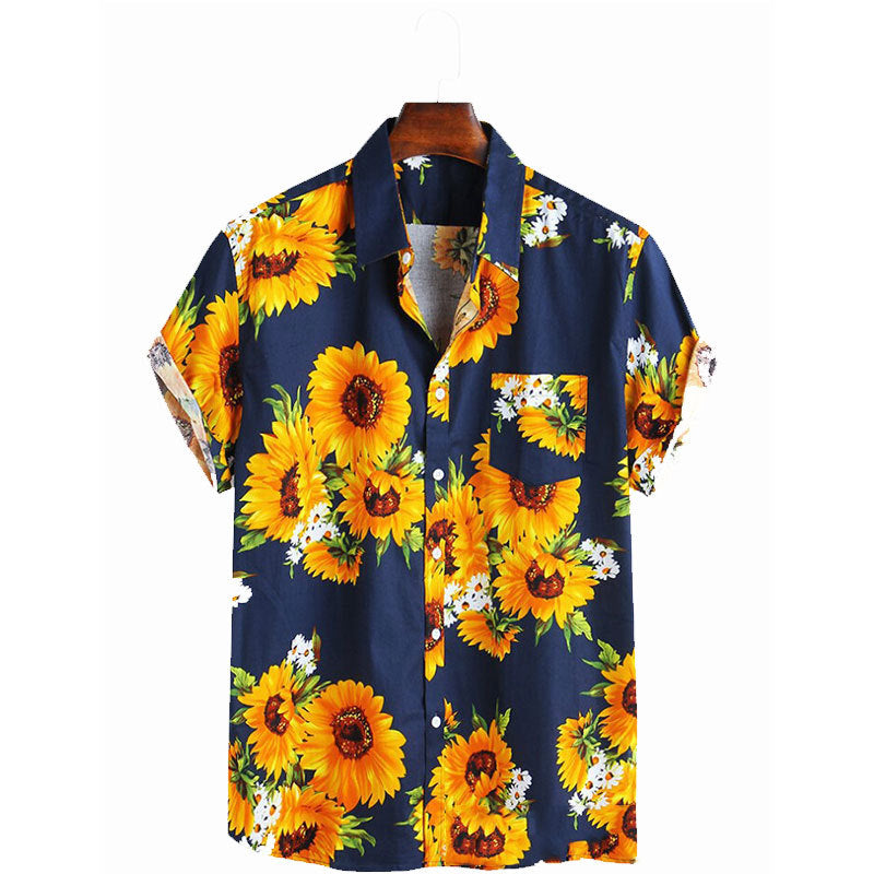Herren Kurzarmhemd mit farbenfrohem Sonnenblumenmuster und leichtem Baumwollstoff Echoarchiv