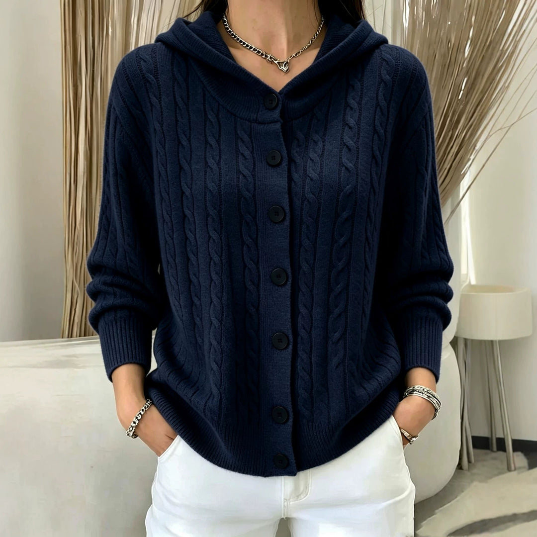 Damen Kapuzen-Cardigan mit Zopfmuster und durchgehender Knopfleiste – Veloura