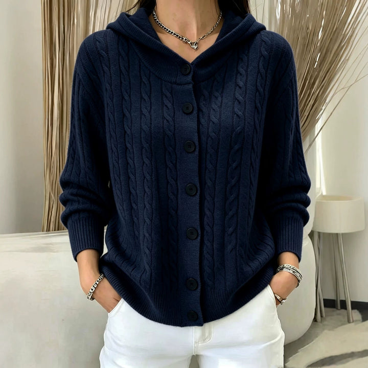 Damen Kapuzen-Cardigan mit Zopfmuster und durchgehender Knopfleiste – Veloura