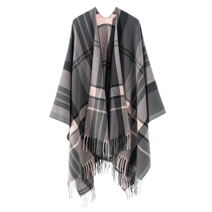 Damen Oversize Karierter Fransen-Poncho aus weichem Strick – Avérine