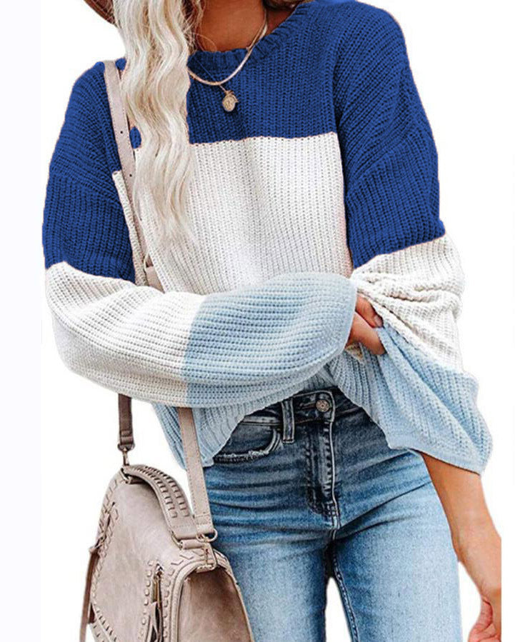 Damen Oversize Colorblock Strickpullover mit Ballonärmeln Echoarchiv