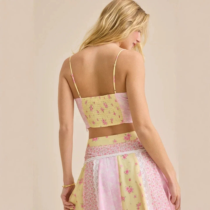 Damen nan romantisches Crop-Top mit Spaghettiträgern und gestuftem Patchwork-Maxirock Echo Archiv