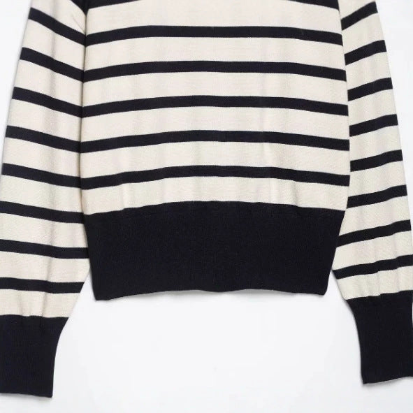 Damen Gestreifter Cropped‑Strickpullover mit Stehkragen und voluminösen Ballonärmeln Echo Archiv