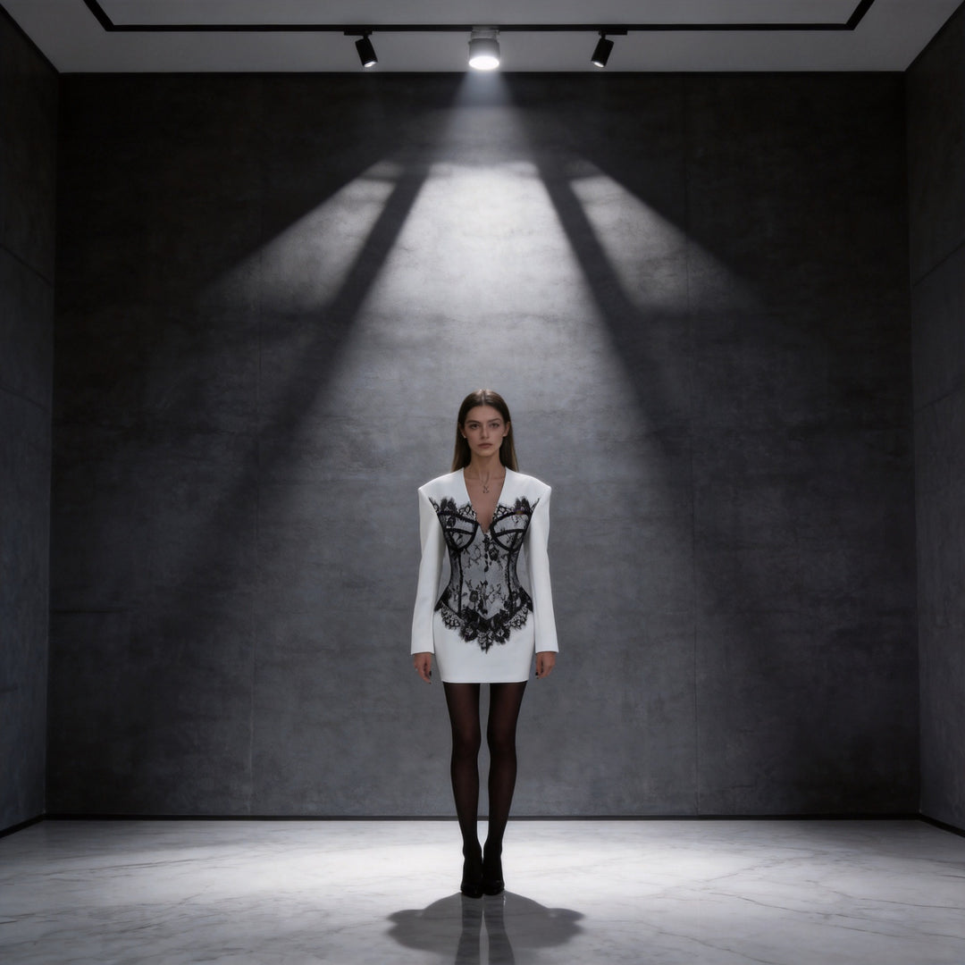 Damen Tailliertes Minikleid mit Korsagen-Optik und Spitzenapplikation Echo Archiv