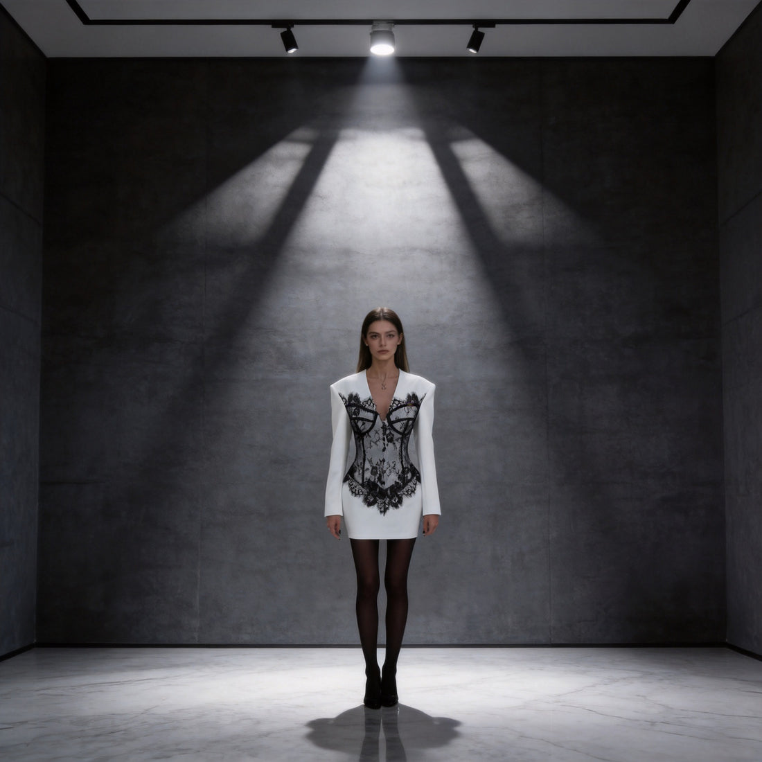 Damen Tailliertes Minikleid mit Korsagen-Optik und Spitzenapplikation Echo Archiv