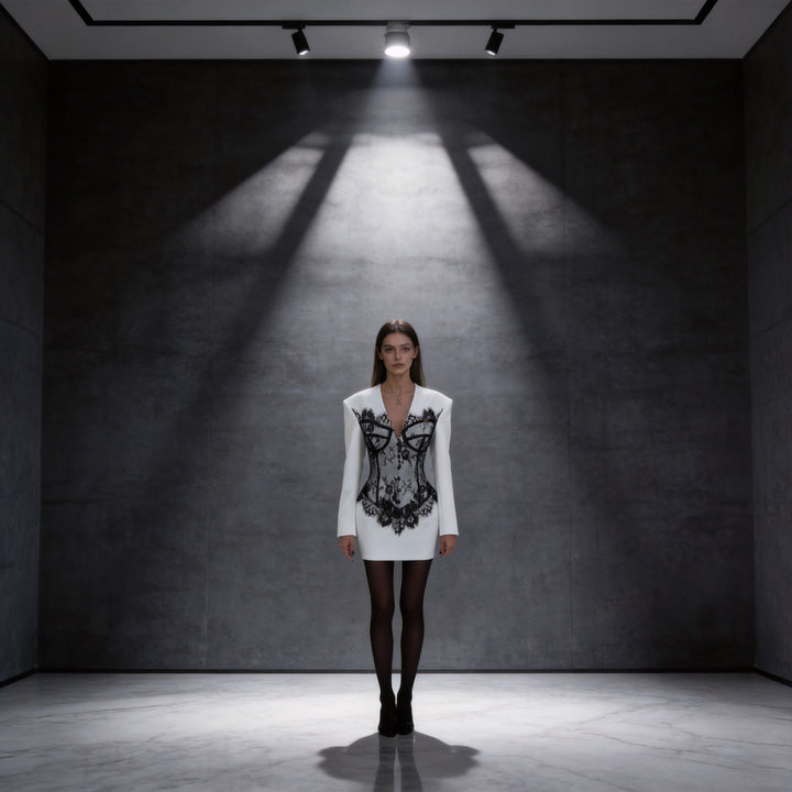 Damen Tailliertes Minikleid mit Korsagen-Optik und Spitzenapplikation Echo Archiv