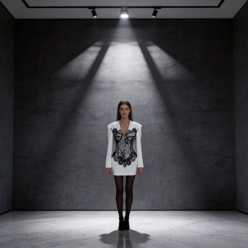 Damen Tailliertes Minikleid mit Korsagen-Optik und Spitzenapplikation Echo Archiv