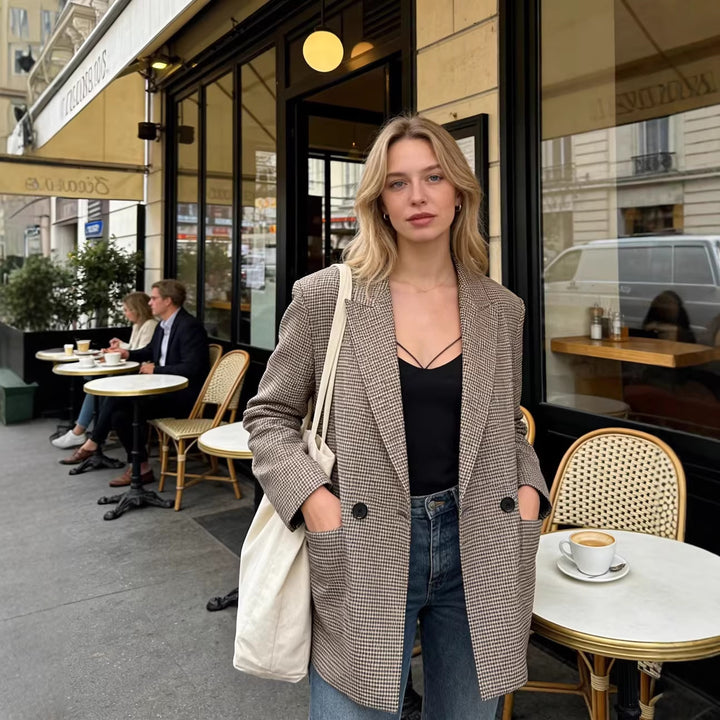 Damen Zweireihiger Oversize-Blazer mit Hahnentritt‑Muster und Pattentaschen Echo Archiv