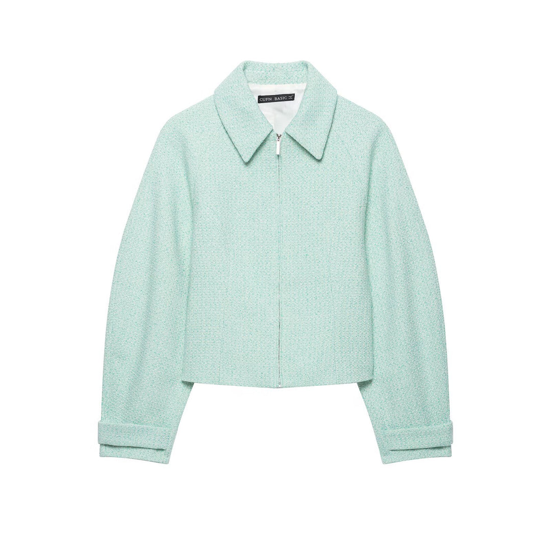 Damen Kurzjacke im Bouclé‑Mix mit verdecktem Reißverschluss und Hemdkragen Echoarchiv