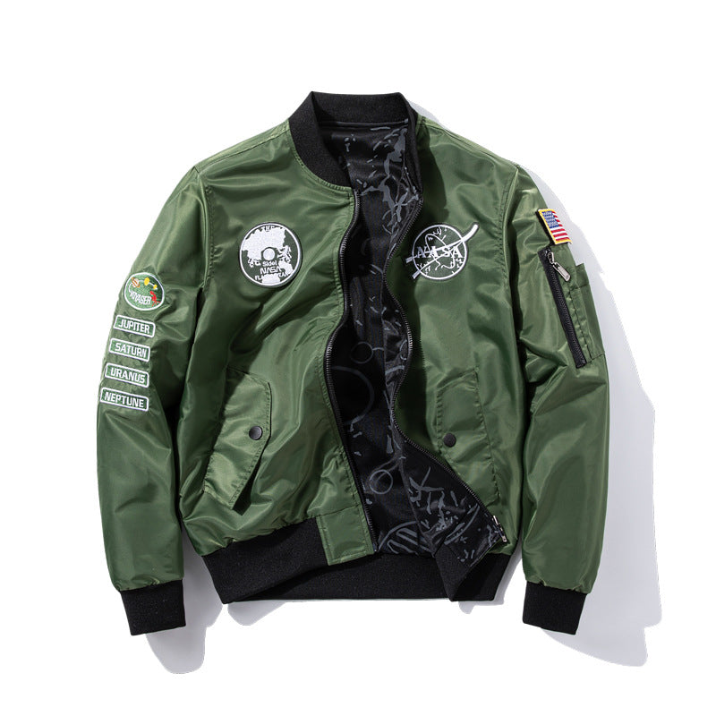 Herren  bestickte Raum-Patch glänzende Shell Bomberjacke mit bedrucktem Innenfutter und Ärmel-Reißverschluss-Nutztasche Echo Archiv