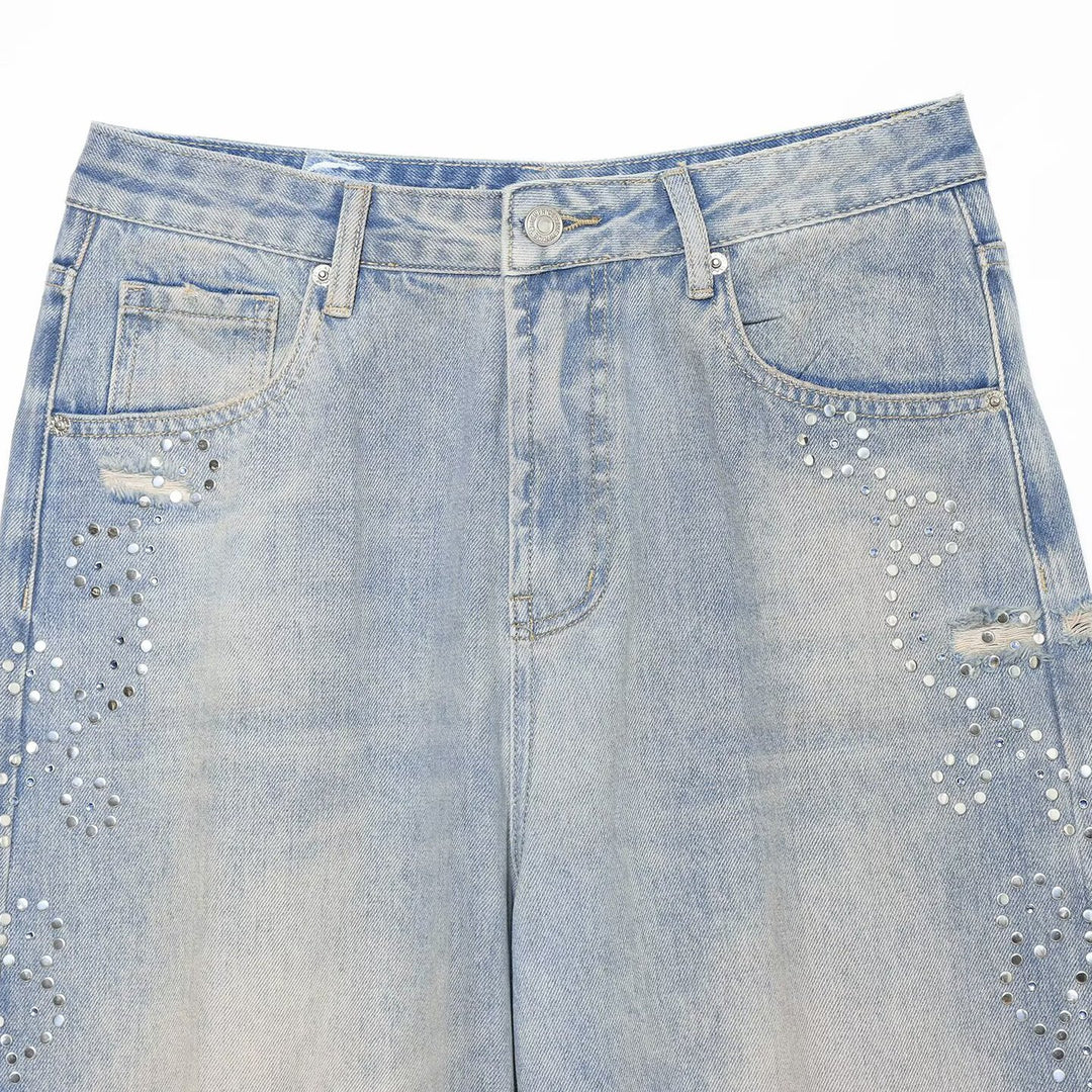 Damen Jeans mit hoher Taille, weitem Bein, Strassbesatz und Destroyed-Details Echoarchiv