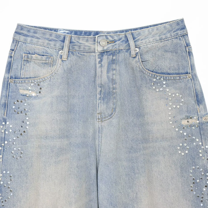 Damen Jeans mit hoher Taille, weitem Bein, Strassbesatz und Destroyed-Details Echoarchiv