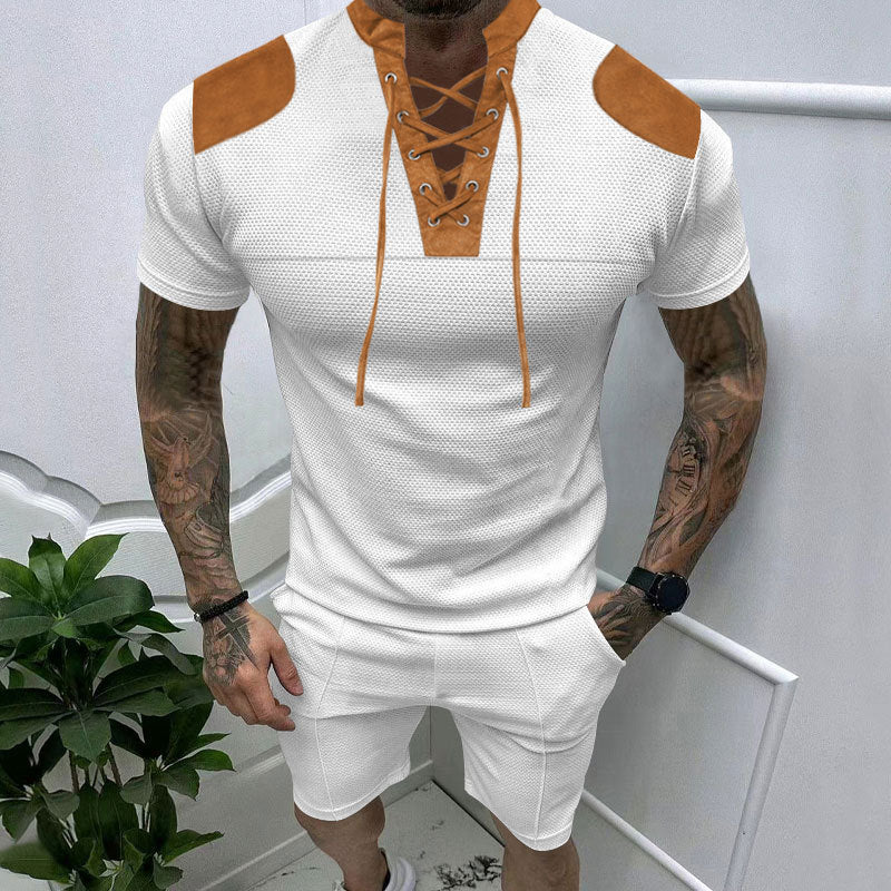 Herren lässiges Kurzarmshirt mit einzigartigem Schnürdesign und modernen Akzenten Echoarchiv