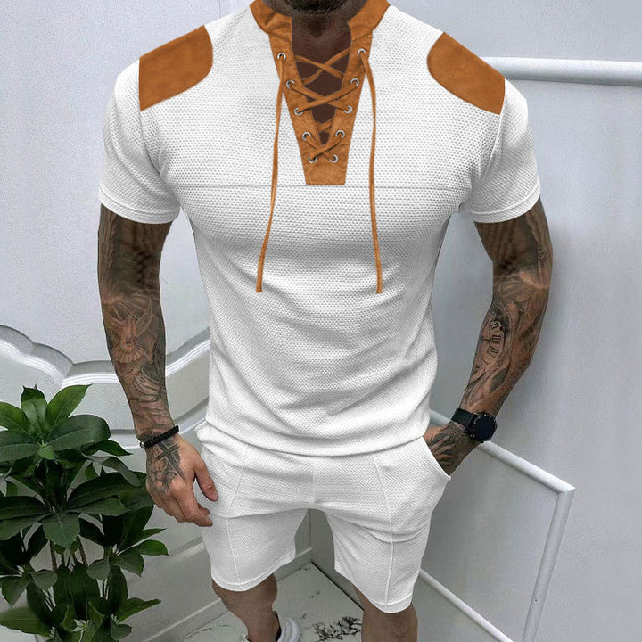 Herren lässiges Kurzarmshirt mit einzigartigem Schnürdesign und modernen Akzenten Echoarchiv