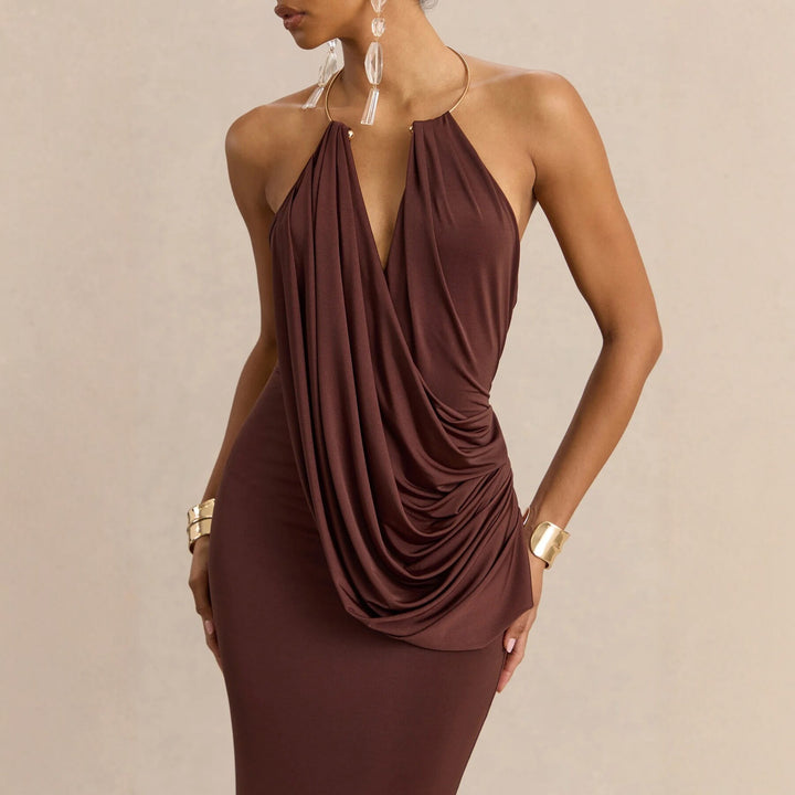Damen Raffiniertes Maxikleid mit tiefem V-Ausschnitt und Drapierung Echo Archiv