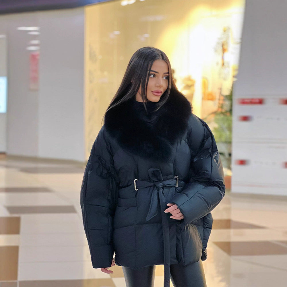 Damen Oversize Steppjacke mit Taillengürtel und Kunstfellkragen Echo Archiv