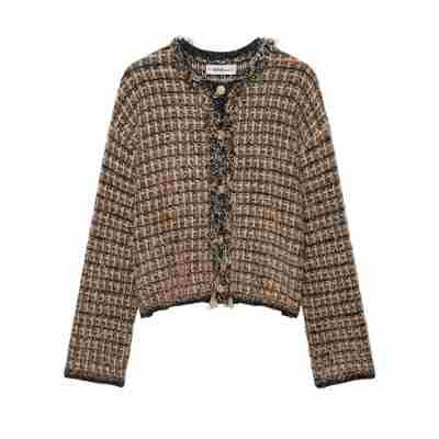 Damen Bouclé-Tweed-Croppedjacke mit Fransenbesatz und Rundhalsausschnitt Echoarchiv