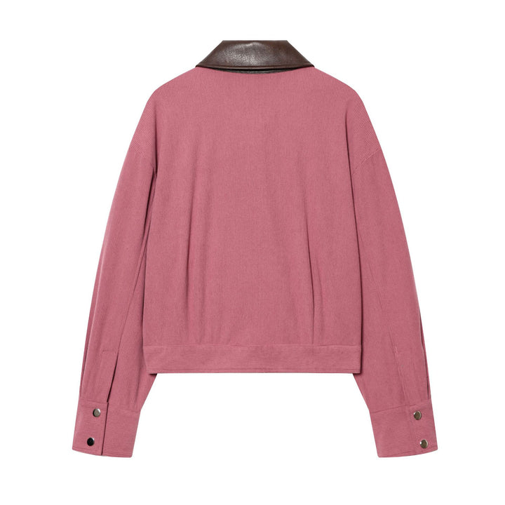 Damen cropped Cordjacke mit übergroßem Kunstlederkragen, Metallreißverschluss und großformatigen Pattentaschen – Célinea