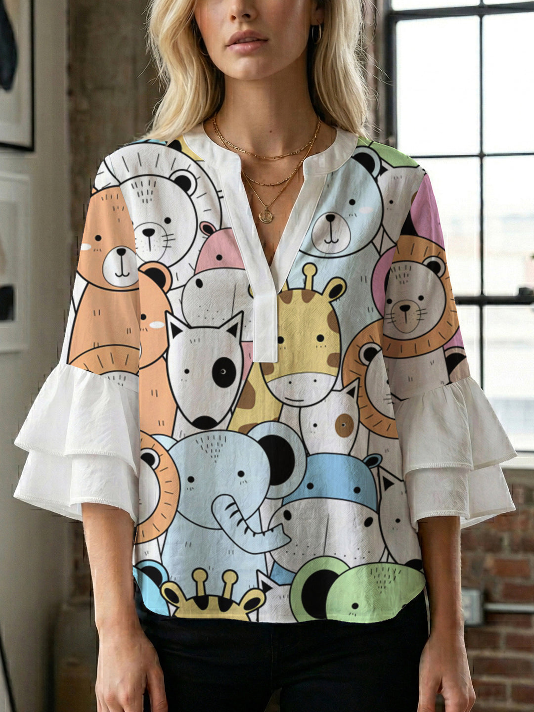 Damen lässige Bluse mit Volantärmeln und botanischem Druck Echo Archiv