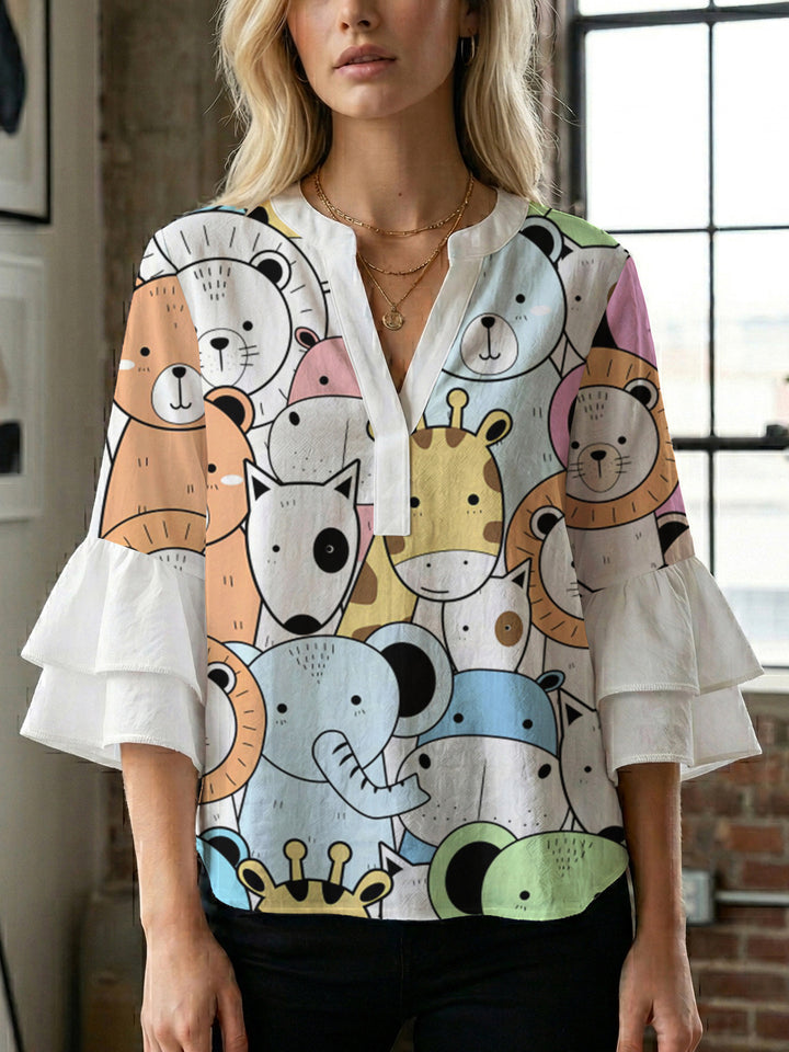 Damen lässige Bluse mit Volantärmeln und botanischem Druck Echo Archiv