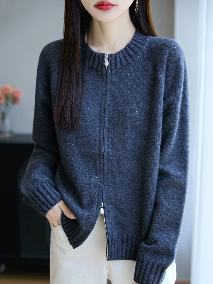 Damen Zip-Strickjacke mit Rundhalsausschnitt, feinem Nep‑Garn und gerippten Abschlüssen Echoarchiv
