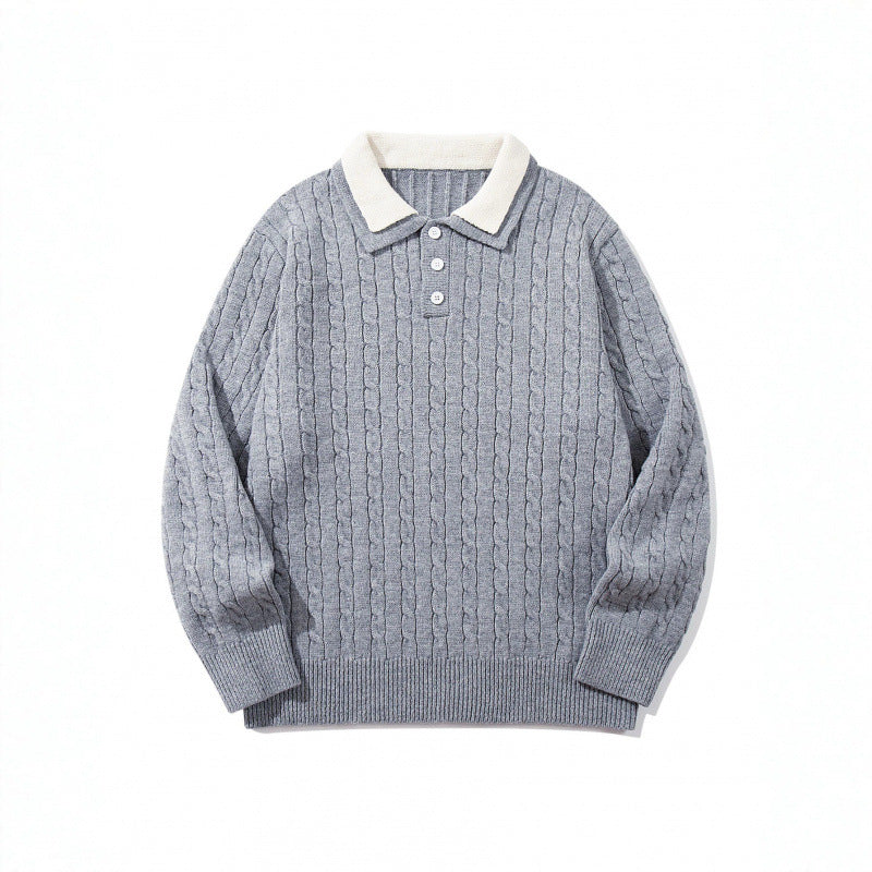 Herren Grobgestrickter Polokragen-Pullover mit Zopfmuster und Knopfleiste Echo Archiv