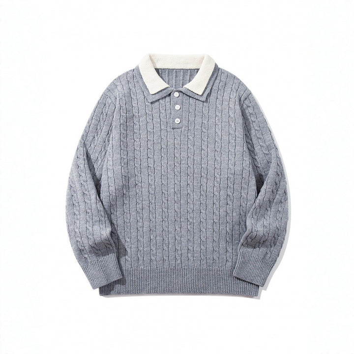 Herren Grobgestrickter Polokragen-Pullover mit Zopfmuster und Knopfleiste Echo Archiv